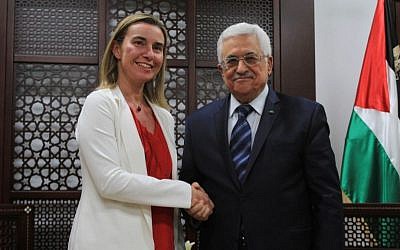Palestinian Authority President Mahmoud Abbas meets the European Union's new foreign policy chief Federica Mogherini in Ramallah on November 8, 2014. (Photo credit: STR/Flash90)