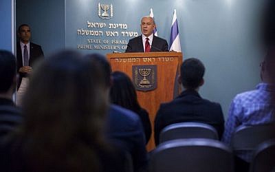 Prime Minister Benjamin Netanyahu at a press conference at the Prime Minister's Office in Jerusalem on November 18, 2014, hours after the Har Nof synagogue attack. (Photo credit: Yonatan Sindel/Flash90)