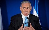 Prime Minister Benjamin Netanyahu speaking during a joint statement with Czech Prime Minister Bohuslav Sobotka (unseen) after signing an agreement  at the King David Hotel in Jerusalem on November 25, 2014. (photo credit: Hadas Parush/Flash90)