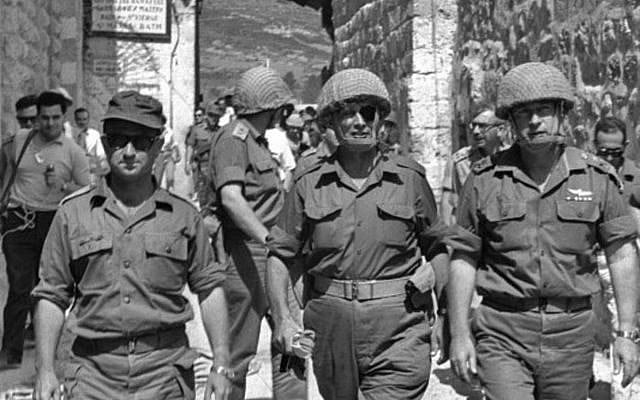 Gen. Uzi Narkiss (left), Defense Minister Moshe Dayan and Chief of staff Yitzhak Rabin in the Old City of Jerusalem during the Six-Day War (photo credit: Ilan Bruner/Wikipedia) Gen. Uzi Narkiss (left), Defense Minister Moshe Dayan and Chief of staff Yitzhak Rabin in the Old City of Jerusalem during the Six-Day War (photo credit: Ilan Bruner/Wikipedia)