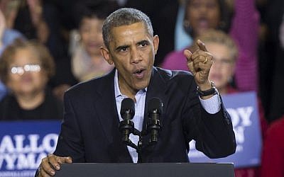 President Barack Obama speaks to supporters during a rally for Connecticut Gov. Dannel P. Malloy's reelection campaign at Central High School, Sunday, Nov. 2, 2014, in Bridgeport, Conn.(Photo credit: AP/John Minchillo)