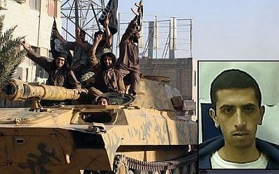 Fighters from the al-Qaida-linked Islamic State group parade in Raqqa, Syria; inset: Hamza Magamzeh, an Israeli citizen suspected of joining the radical group (composite photo: AP/Shin Bet)