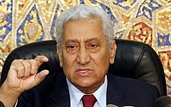 Jordanian Prime Minister Abdullah Ensour speaks during a press conference in the capital, Amman, on November 9, 2014, after the government's decision to recall its ambassador to Israel. (photo credit: AFP/Khalil Mazraawi)