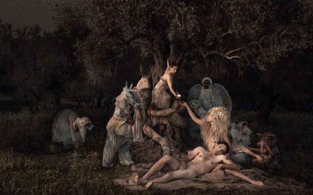 "Eve was the first woman mentioned in the Bible, created from one of Adam’s ribs to be Adam’s companion. The serpent (here in the form of Lilith) convinced Eve to taste the fruit of the forbidden tree." (Courtesy Michal Baratz Koren)