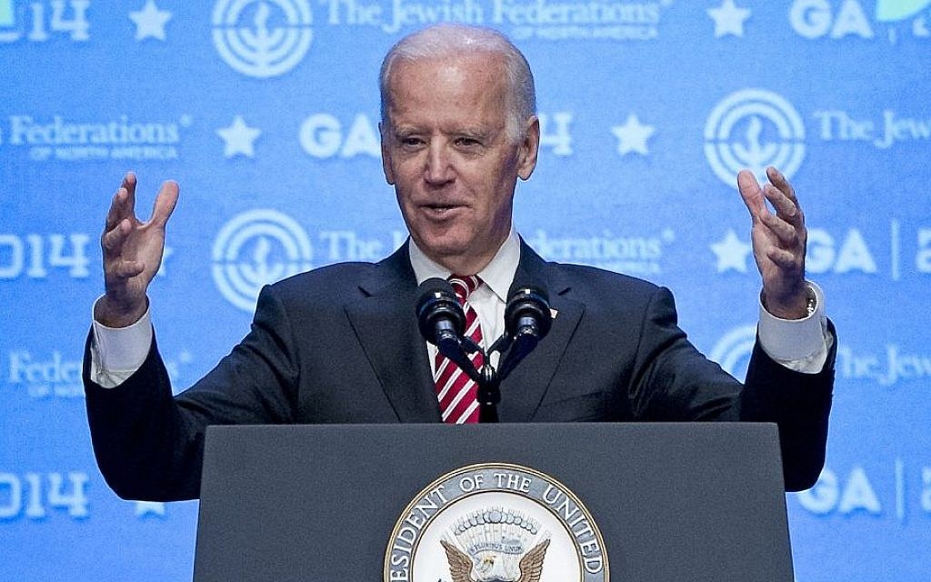 Vice President Joe Biden addressing the Jewish Federations of North America’s General Assembly in suburban Washington, Md., Nov. 10, 2014. (photo credit: JTA/Ron Sachs)