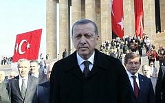Turkish President Recep Tayyip Erdogan (C) at a  ceremony at the mausoleum of Mustafa Kemal Ataturk, Turkish Republic’s founder, marking the anniversary of his death, on November 10, 2014 in Ankara (photo credit: AFP/Adem Altan)