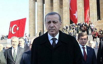 Turkish President Recep Tayyip Erdogan (C) at a ceremony at the mausoleum of Mustafa Kemal Ataturk, Turkish Republic’s founder, marking the anniversary of his death, on November 10, 2014 in Ankara (photo credit: AFP/Adem Altan) Turkish President Recep Tayyip Erdogan (C) at a ceremony at the mausoleum of Mustafa Kemal Ataturk, Turkish Republic’s founder, marking the anniversary of his death, on November 10, 2014 in Ankara (photo credit: AFP/Adem Altan)