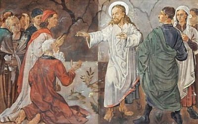 A painting in a church in the town of Hof, Germany, appears to show Adolf Hitler standing next to Jesus (YouTube screen capture)