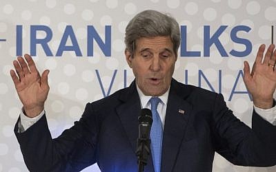 US Secretary of State John Kerry delivers a statement in Vienna on the status of negotiations over Iran's nuclear program, on November 24, 2014. (photo credit: AFP/Joe Klamar)