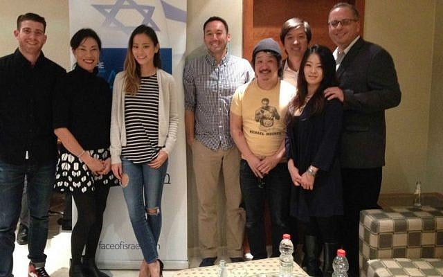 Bryan Greenberg, Janet Yang, Jamie Chung, Steve Bryne, Bobby Lee, Dan Lin, Julia Ling and Chanan Elias (photo credit: Jessica Steinberg/Times of Israel) Bryan Greenberg, Janet Yang, Jamie Chung, Steve Bryne, Bobby Lee, Dan Lin, Julia Ling and Chanan Elias (photo credit: Jessica Steinberg/Times of Israel)
