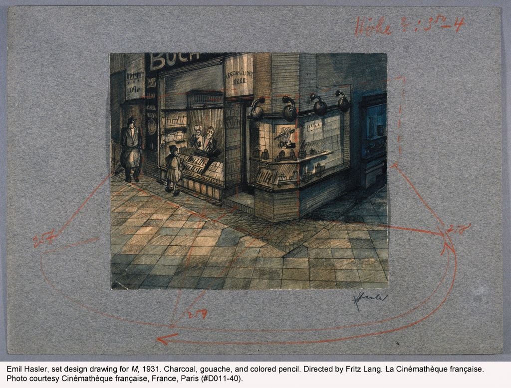 A set design for Fritz Lang's German Expressionist proto-noir film M. (Courtesy of Cinematheque Francaise/via JTA) A set design for Fritz Lang's German Expressionist proto-noir film M. (Courtesy of Cinematheque Francaise/via JTA)