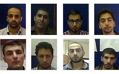 Suspects from a Hamas ring apprehended in the West Bank and announced by the Shin Bet on Thursday, November 27, 2014. Clockwise from top left: Manef Agbariya, Rajai Omri, Mahmoud Malham, Abdullah Zeituni, Masab Dawib, Adnan Samara, Zuheib Ta'avat, Mahmoud Shorbagi (photo credit: Shin Bet)
