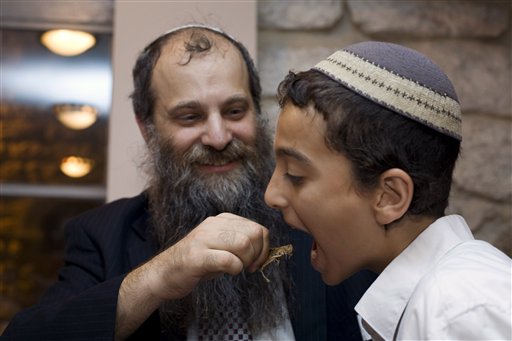Ari Zivotofsky and one of his sons try out a locust, an ancient kosher delicacy that he has researched as part of Halachic Adventures, a side hobby Courtesy Halachic Adventures)