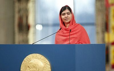 Illustrative: Nobel Peace Prize laureate Malala Yousafzai gives a speech during the Nobel Peace Prize awards ceremony at the City Hall in Oslo, Norway, on December 10, 2014. (AFP/NTB SCANPIX/CORNELIUS POPPE)