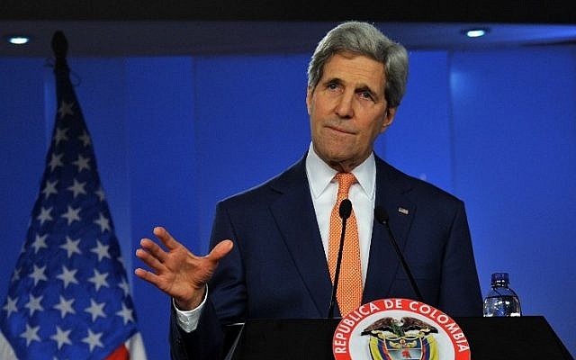 US Secretary of State John Kerry speaks next to Colombian President Juan Manuel Santos (out of frame) during a press conference they gave after a meeting at Narino presidential Palace in Bogota, on December 12, 2014. (photo credit: AFP/Guillermo LEGARIA) US Secretary of State John Kerry speaks next to Colombian President Juan Manuel Santos (out of frame) during a press conference they gave after a meeting at Narino presidential Palace in Bogota, on December 12, 2014. (photo credit: AFP/Guillermo LEGARIA)