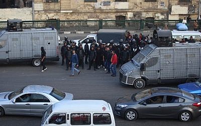 Egyptian police deploy in the Egyptian capital Cairo during a demonstration, December 5, 2014. (photo credit: AFP/MOHAMED EL-SHAHED)