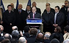 French Interior Minister Bernard Cazeneuve addressing a rally against anti-Semitism in the Paris suburb of Creteil on December 7, 2014. (photo credit: AFP/THOMAS SAMSON)