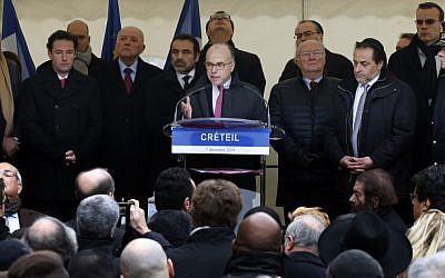 French Interior Minister Bernard Cazeneuve addressing a rally against anti-Semitism in the Paris suburb of Creteil on December 7, 2014. (photo credit: AFP/THOMAS SAMSON)
