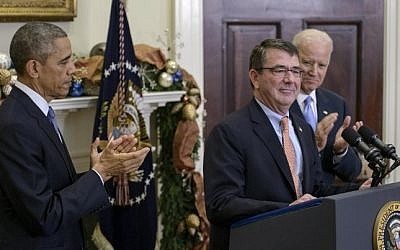 US President Barack Obama (left) and Vice President Joseph Biden (right) with Ashton Carter (center) after nominating him for secretary of defense at the White House on December 5, 2014. (photo credit: AFP/Brendan Smialowski) US President Barack Obama (left) and Vice President Joseph Biden (right) with Ashton Carter (center) after nominating him for secretary of defense at the White House on December 5, 2014. (photo credit: AFP/Brendan Smialowski)