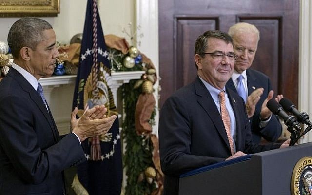 US President Barack Obama (left) and Vice President Joseph Biden (right) with Ashton Carter (center) after nominating him for secretary of defense at the White House on December 5, 2014. (photo credit: AFP/Brendan Smialowski) US President Barack Obama (left) and Vice President Joseph Biden (right) with Ashton Carter (center) after nominating him for secretary of defense at the White House on December 5, 2014. (photo credit: AFP/Brendan Smialowski)