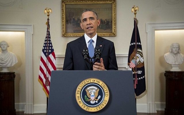 US President Barack Obama delivers an address to the nation from the Cabinet Room of the White House, on December 17, 2014. (photo credit:AFP/POOL / DOUG MILLS) US President Barack Obama delivers an address to the nation from the Cabinet Room of the White House, on December 17, 2014. (photo credit:AFP/POOL / DOUG MILLS)