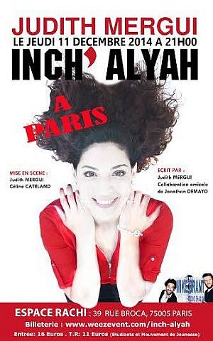 Judith Mergui’s Paris performance of comedy show 'Inch’Alyah' sold out. (Courtesy Judith Merguil Facebook page/JTA)