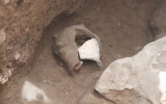 A clay pot from the Early Chalcolithic period as found on site at En Zippori (Courtesy Israel Antiquities Authority)