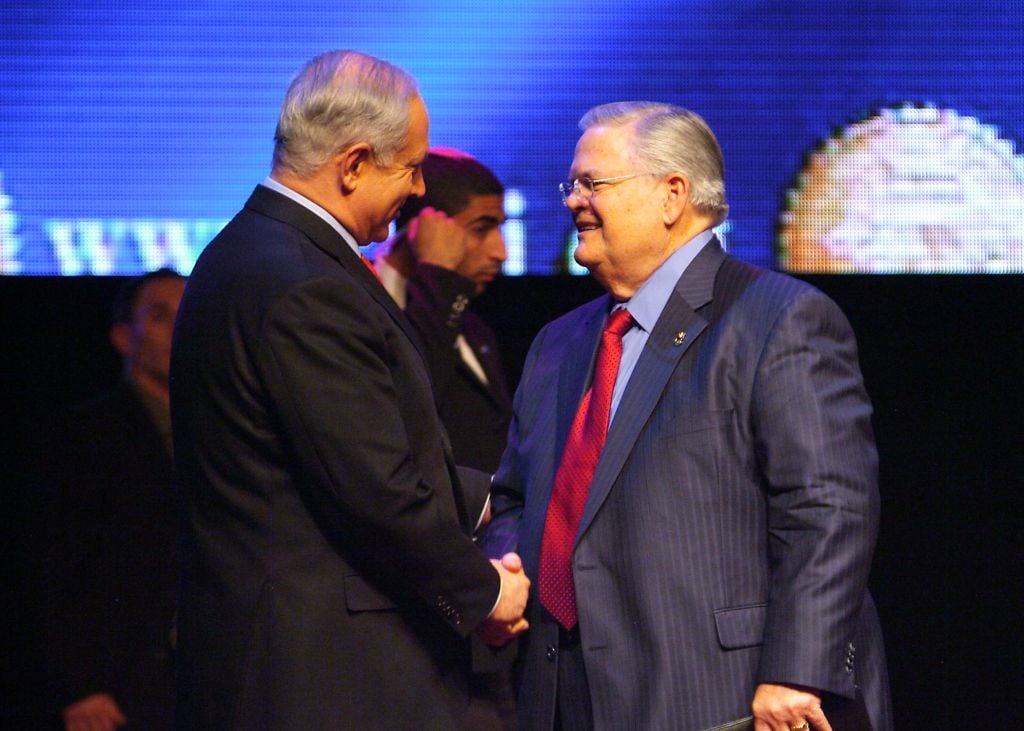Pastor John Hagee of Christians United for Israel (CUFI), right, meets with Prime Minister Benjamin Netanyahu in Jerusalem in 2010. (Courtesy) Pastor John Hagee of Christians United for Israel (CUFI), right, meets with Prime Minister Benjamin Netanyahu in Jerusalem in 2010. (Courtesy)