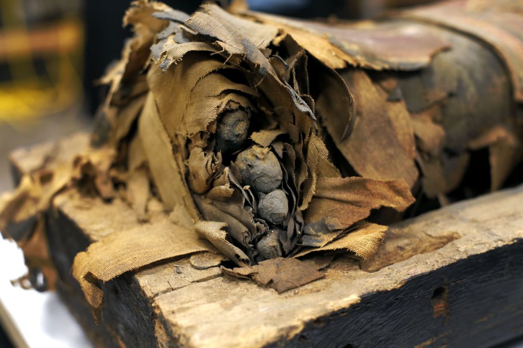 In this photo taken Friday, Dec. 5, 2014, in Chicago, the mummified body of Minirdis, a 14-year-old Egyptian boy and his exposed toes lie in his opened coffin after J.P. Brown and his team of curators at the Field Museum opened the coffin for the first time to begin a conservation process on the 2,500-year-old boy before it becomes part of a traveling exhibition. (photo credit: AP/Charles Rex Arbogast) In this photo taken Friday, Dec. 5, 2014, in Chicago, the mummified body of Minirdis, a 14-year-old Egyptian boy and his exposed toes lie in his opened coffin after J.P. Brown and his team of curators at the Field Museum opened the coffin for the first time to begin a conservation process on the 2,500-year-old boy before it becomes part of a traveling exhibition. (photo credit: AP/Charles Rex Arbogast)