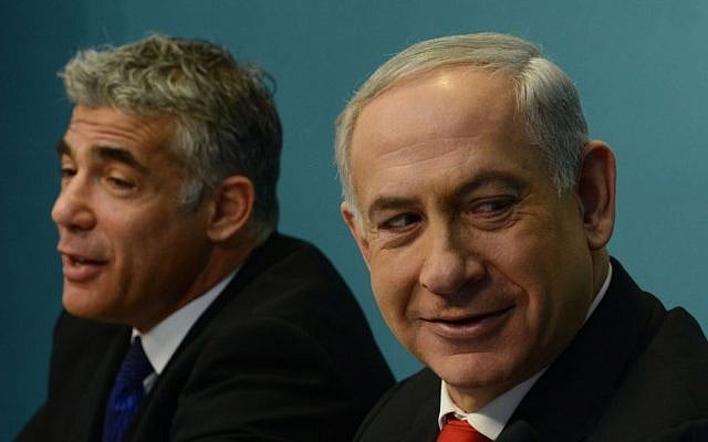 Prime Minister Benjamin Netanyahu and then-finance minister Yair Lapid, July 2013. (Kobi Gideon/GPO/Flash90) Prime Minister Benjamin Netanyahu and then-finance minister Yair Lapid, July 2013. (Kobi Gideon/GPO/Flash90)