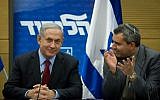 Benjamin Netanyahu (left) with MK Ze'ev Elkin during a Likud faction meeting at the Knesset on December 1, 2014. (Miriam Alster/Flash90)