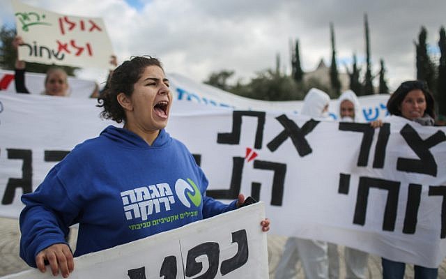 Greenpeace and other environmental organizations protest outside the Jerusalem Supreme Court during a hearing on oil drilling in the Golan Heights, on December 23, 2014. (photo credit: Flash90) 