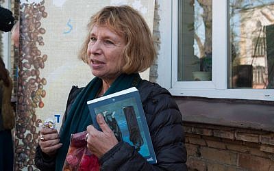 Fania Oz-Salzberger outside her grandmother's house in Rivne, November 2014. In the film, Oz-Salzberger could be seen visiting sites author Amos Oz had heard about in his childhood, but never seen with his own eyes. (credit Yifa Yaakov)
