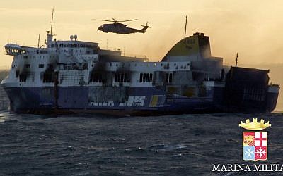 Smoke billows from the Italian-flagged Norman Atlantic that caught fire in the Adriatic Sea, Monday, Dec. 29, 2014. (photo credit: AP/Italian Navy, ho)
