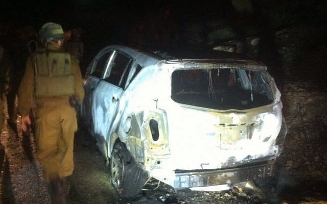 A car destroyed after it was hit by a Molotov cocktail on December 25, 2014 in the West Bank. Ayala Shapira, 11, was seriously injured, while her father, Avner, sustained light injuries. (photo credit: Judea and Samaria Fire Department) A car destroyed after it was hit by a Molotov cocktail on December 25, 2014 in the West Bank. Ayala Shapira, 11, was seriously injured, while her father, Avner, sustained light injuries. (photo credit: Judea and Samaria Fire Department)