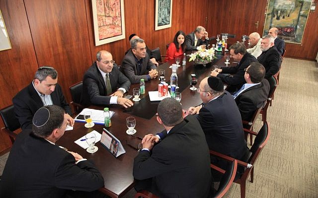 The Knesset faction leaders meet with Knesset Speaker Yuli Edelstein to set an election date. December 3, 2014. (photo credit: Knesset spokesperson's office) The Knesset faction leaders meet with Knesset Speaker Yuli Edelstein to set an election date. December 3, 2014. (photo credit: Knesset spokesperson's office)