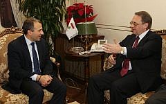 Lebanese Foreign Minister Gebran Bassil, left, meets with Russia's deputy Foreign Minister Mikhail Bogdanov, right, at the Lebanese foreign ministry, in Beirut, Lebanon, Friday, Dec. 4, 2014. (photo credit: AP Photo/Hussein Malla)