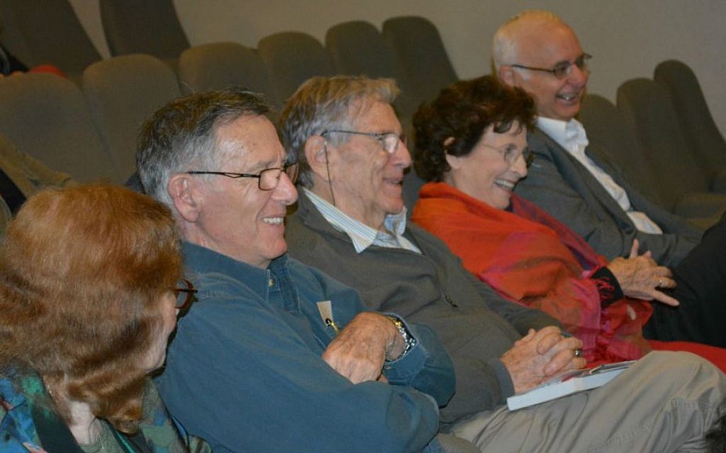 Author Amos Oz (center) and family watching the film documenting daughter Fania Oz-Salzberger's roots tour to Ukraine, Dec. 10, 2014. (Olga Noa Lavie /Limmud) Author Amos Oz (center) and family watching the film documenting daughter Fania Oz-Salzberger's roots tour to Ukraine, Dec. 10, 2014. (Olga Noa Lavie /Limmud)