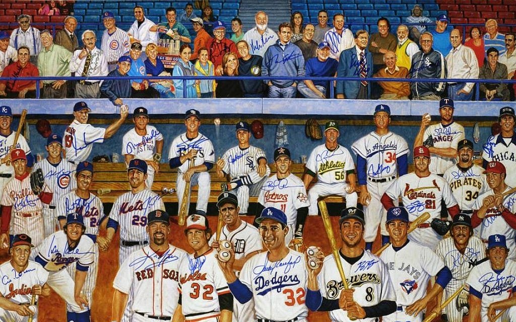 Sandy Koufax is out front in the Ron Lewis painting of Jewish major leaguers and others. The sale of 500 autographed prints is partly for profit and charity. (JewishBaseballPlayer.com/JTA) Sandy Koufax is out front in the Ron Lewis painting of Jewish major leaguers and others. The sale of 500 autographed prints is partly for profit and charity. (JewishBaseballPlayer.com/JTA)