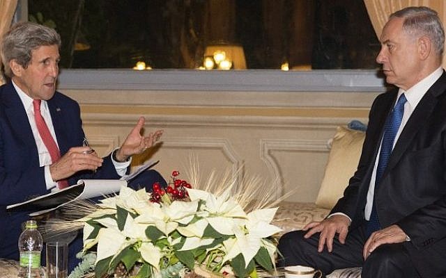 US Secretary of State John Kerry (left) meets with Israeli Prime Minister Benjamin Netanyahu at Villa Taverna in Rome, December 15, 2014. (photo credit: AFP/Evan Vucci) US Secretary of State John Kerry (left) meets with Israeli Prime Minister Benjamin Netanyahu at Villa Taverna in Rome, December 15, 2014. (photo credit: AFP/Evan Vucci)