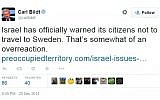 A link to a satirical report tweeted by former Swedish prime minister Carl Bildt on Monday, December 29, 2014 (screen capture: Twitter)