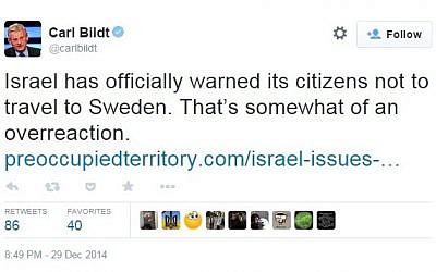 A link to a satirical report tweeted by former Swedish prime minister Carl Bildt on Monday, December 29, 2014 (screen capture: Twitter)