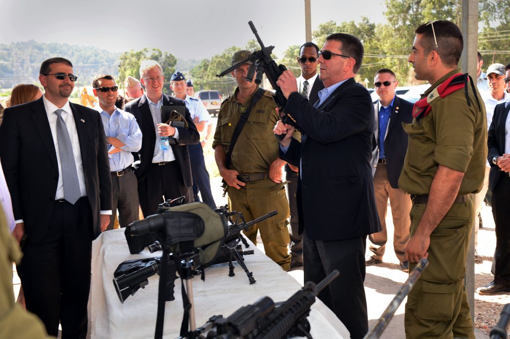 Ashton B. Carter, second from right, examines one of the weapons of the Israel Defense Force at a display at Mitkan Adam Army Base in Israel on July 21, 2013. (photo credit: Sgt. Aaron Hostutler, US Marine Corps/Department of Defense) Ashton B. Carter, second from right, examines one of the weapons of the Israel Defense Force at a display at Mitkan Adam Army Base in Israel on July 21, 2013. (photo credit: Sgt. Aaron Hostutler, US Marine Corps/Department of Defense)