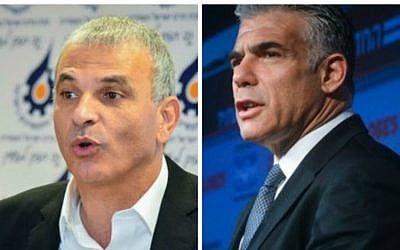 Yair Lapid (R), leader of the Yesh Atid party and Moshe Kahlon (L), head of the Kulanu party (photo credit: Flash90/Channel 2 News) Yair Lapid (R), leader of the Yesh Atid party and Moshe Kahlon (L), head of the Kulanu party (photo credit: Flash90/Channel 2 News)