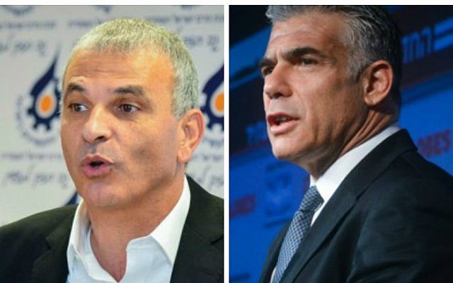 Yair Lapid (R), leader of the Yesh Atid party and Moshe Kahlon (L), head of the Kulanu party (photo credit: Flash90/Channel 2 News)