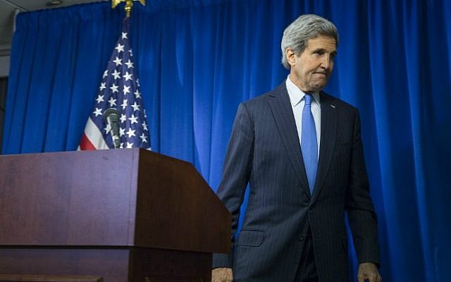 Secretary of State John Kerry at the end of a news conference at the US Embassy in London, on December 16, 2014 (photo credit: AFP/ Evan Vucci/ Pool) Secretary of State John Kerry at the end of a news conference at the US Embassy in London, on December 16, 2014 (photo credit: AFP/ Evan Vucci/ Pool)