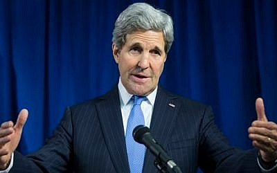 US Secretary of State John Kerry delivers remarks during a news conference at the U.S. Embassy, on Tuesday, Dec. 16, 2014, in London (photo credit: AP Photo/Evan Vucci) 