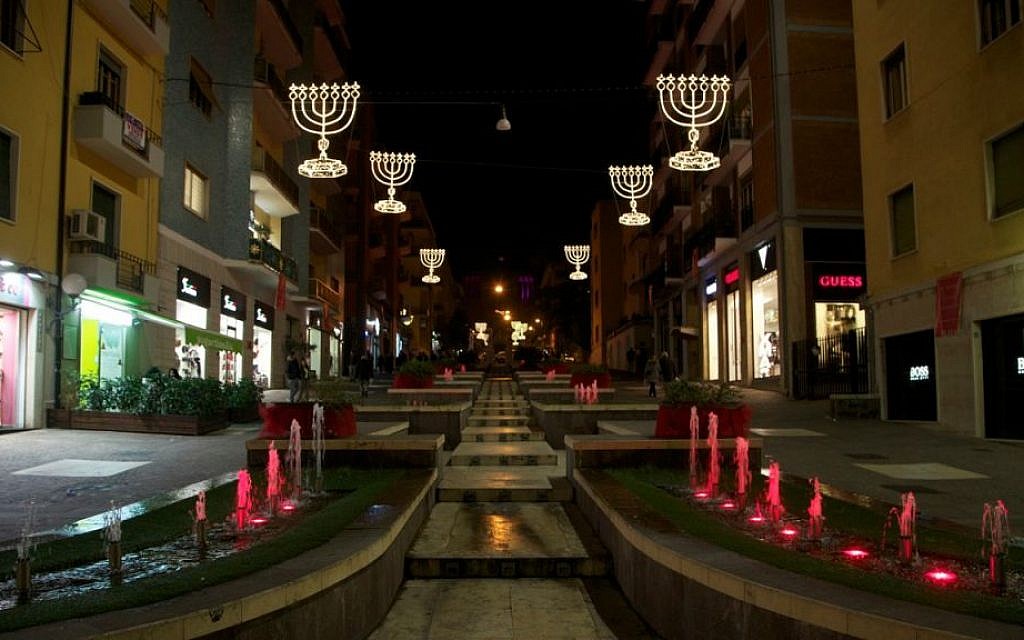 Cosenza, Italy's Via Arabia decorated with menoras for the holidays. (Mario Tosti)