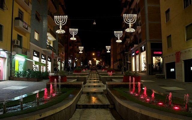 Cosenza, Italy's Via Arabia decorated with menoras for the holidays. (Mario Tosti)