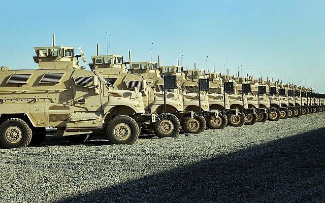 Illustrative photo of a shipment of MRAPs -- mine-resistant, ambush-protected vehicles (photo credit: US Army/Sgt. Mark B. Matthews, 27th Public Affairs Detachment/Wikimedia) Illustrative photo of a shipment of MRAPs -- mine-resistant, ambush-protected vehicles (photo credit: US Army/Sgt. Mark B. Matthews, 27th Public Affairs Detachment/Wikimedia)